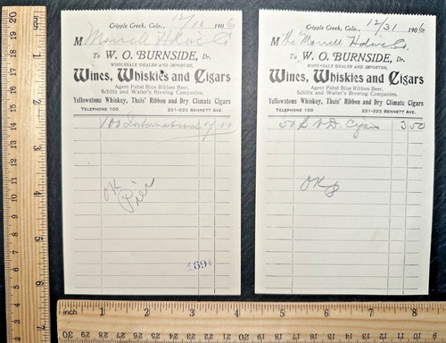 1906 CRIPPLE CREEK CO BURNSIDE WINES,WHISKIES & CIGARS RECEIPTS - MORRELL FP167