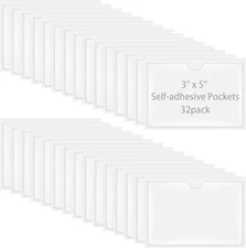 32 Pack Self-Adhesive Index Card Pockets for 3" X 5" Card, Clear Plastic Labels 