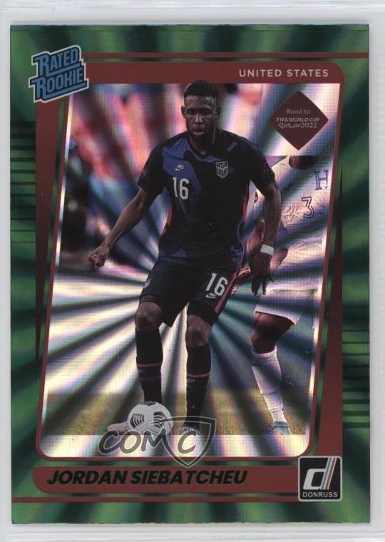 2021-22 Donruss Road to Qatar Holo Green Laser Jordan Siebatcheu Rookie RC 11if