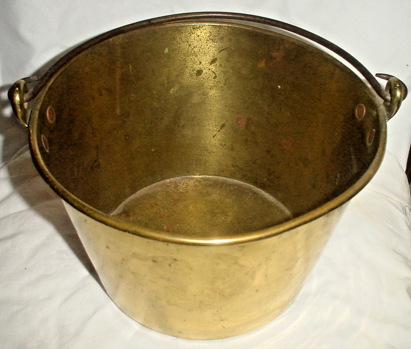 Vintage Brass Bucket Pail Copper Rivets Swing Handle Hammered/Hallmark/8" across
