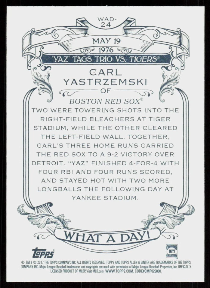 2017 Topps Allen & Ginter Carl Yastrzemski #WAD-24 BASEBALL CARD Red Sox - Image 2 of 2