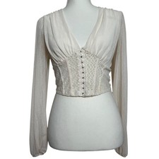 Cream Corset Sheer Bubble Sleeve Crop Top Women's Small Fairy Boho Festival Chic