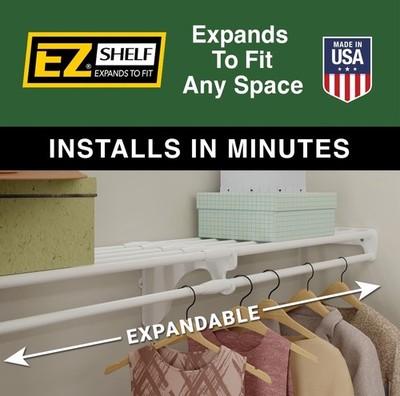 Set of 2! EZ Closet Shelf + Rod 40''-73''W Expandable Width, White Steel 200 lbs 