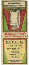 Rex Cole Inc., General Electric Refrigerator Distributor Vintage Matchbook Cover