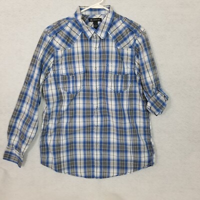 INC INTERNATIONAL CONCEPTS Western Style Roll Tab Sleeve Snap Plaid Shirt Blue L