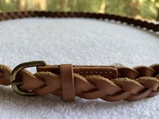 Skinny Belt Womens Large Genuine Leather Woven Braided Saddle Tan Brass Buckle