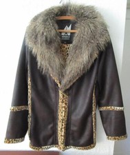 Skea Vail Women's Sz 6 Faux Leather Leopard Fur Collar Lined Coat Toggle Buttons