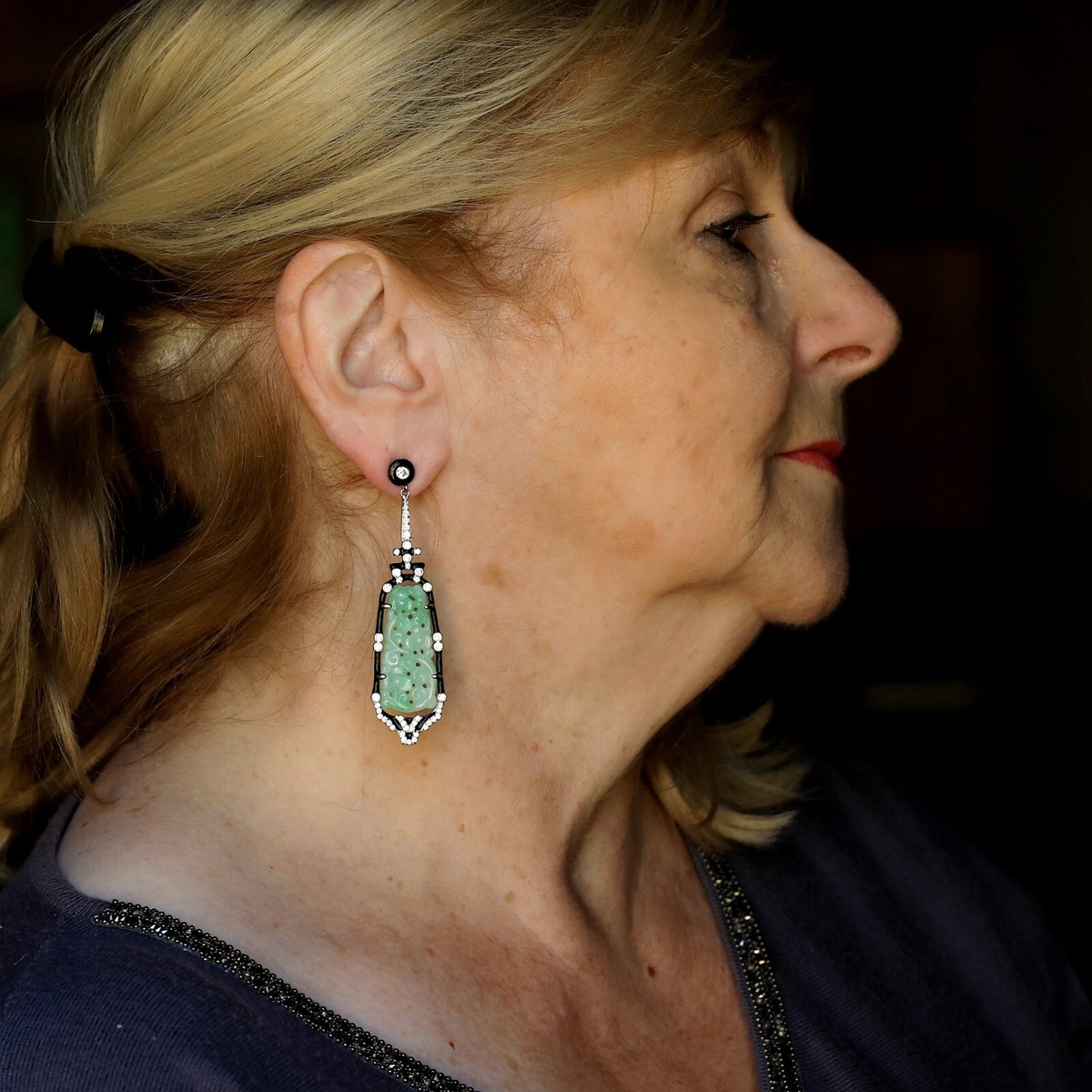 Boucles D'Oreilles Clip Argenté Avec Jade Sculpté Vert & Blanc - Style Art Déco Années 1920