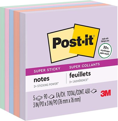 Post-it Super Sticky Recycled Notes, 3 x 3 in, 5 Pads, 2x the Sticking Power