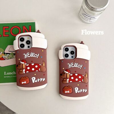 3D Coffee Cup Dog Soft Silicone Case for iPhone 13 14 15 16 Pro Max Phones Cover