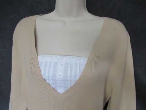 NWT Gitano Beige Ribbed Knit White Crochet Pintuck Panel Career Sweater Top XL - Picture 6 of 12