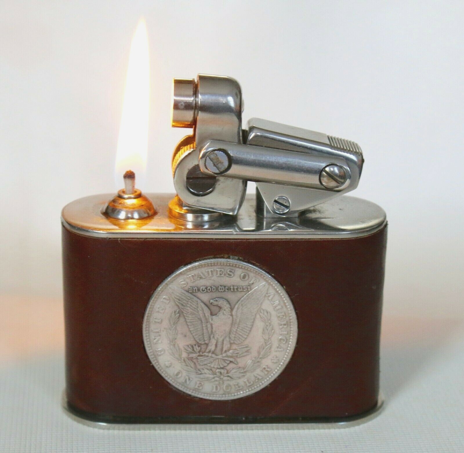 VINTAGE GERMAN "KW" KARL WIEDEN LEATHER WRAPPED MORGAN DOLLAR  TABLE LIGHTER 