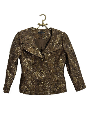David Meister Women Blazer Size 4 Wool Silk  Blend Brown Gold Blazer