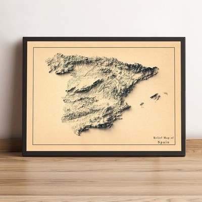 Spain Map, Spain 2D Relief Map, Spain Vintage Map - 2D Flat Print
