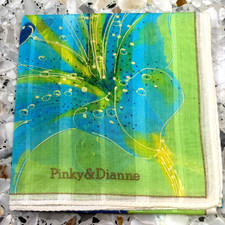 ART VINTAGE JAPAN HANKY BLUE GREEN BIG FLOWER WOMAN POCKET SQUARE COTTON 19"W204