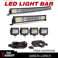 50" 22" Curved LED Light Bar Off Road w/ 4Inch 60W LED Pods Fog Lights Harness
