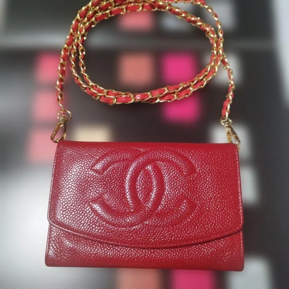 CHANEL Red Caviar Wallet on Chain Gold Pearl Strap Crossbody Purse Used Japan - Image 2 of 4