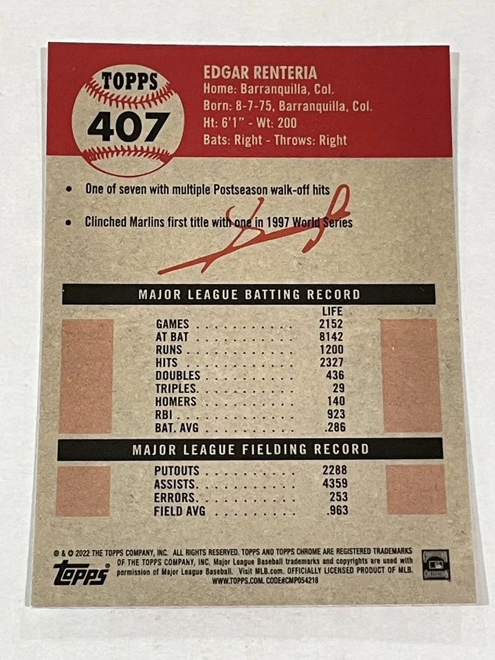 2022 Topps Chrome Anniversary Baseball #407 - Edgar Renteria - Florida Marlins - Image 2 of 2