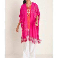 Chicos Floral Embroidered Ruana wrap in summer Berry Pink Kimono Fringe One Size