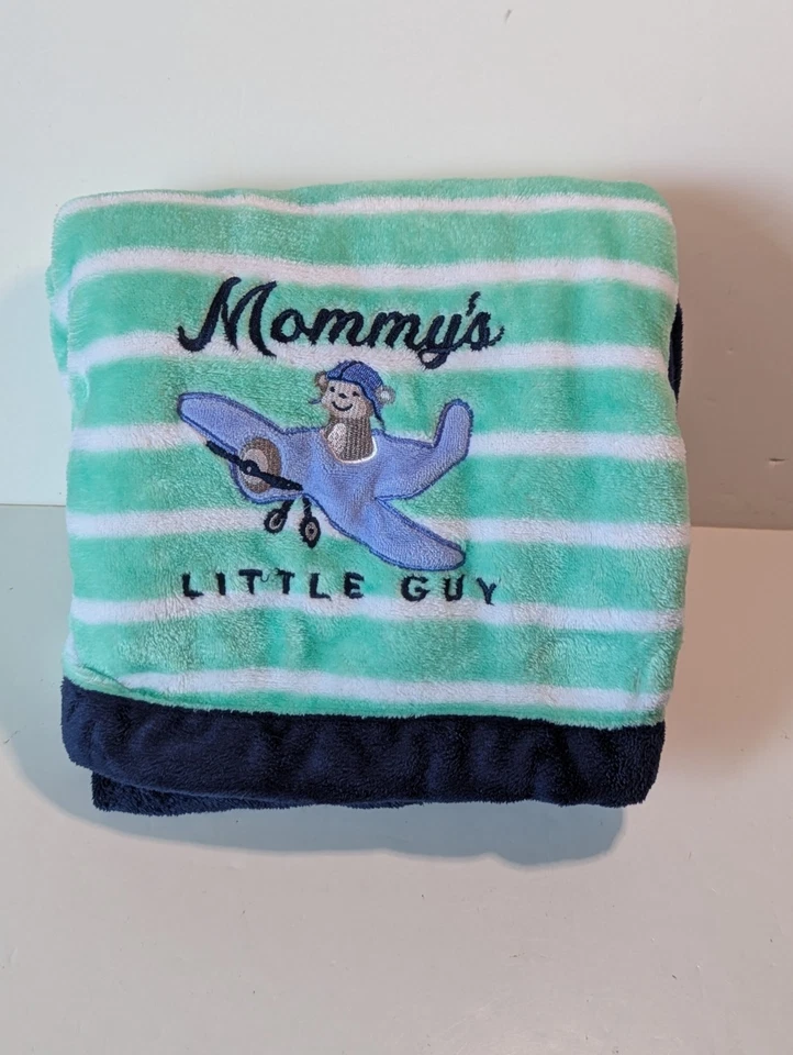 Manta bebé Carter's mamá pequeño hombre avión rayas verdes azul polar  Foto 2 de 4