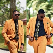 Men's Orange Corduroy Suit Jacket Straight Leg Trousers Fashion Casual Spring