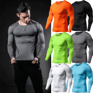 Mens Compression Long Sleeve Running Shirt Thermal Base Layer Gym Fit Sport Tops