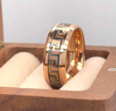 Christmas Gifts Ring For His & Her Black Greek Key Inlay Ring Rose Gold Tungsten