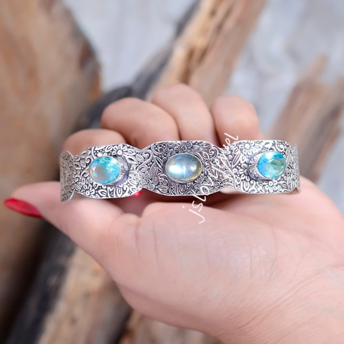 Swiss Blue Topaz & Labradorite Gemstone 925 Sterling Silver Looking Cuff Bangle - Picture 2 of 5