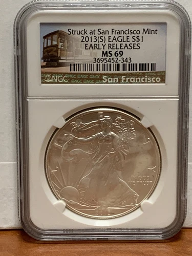 2013 S American Silver Eagle NGC MS 69 Early Releases Trolley Cable Car Label 