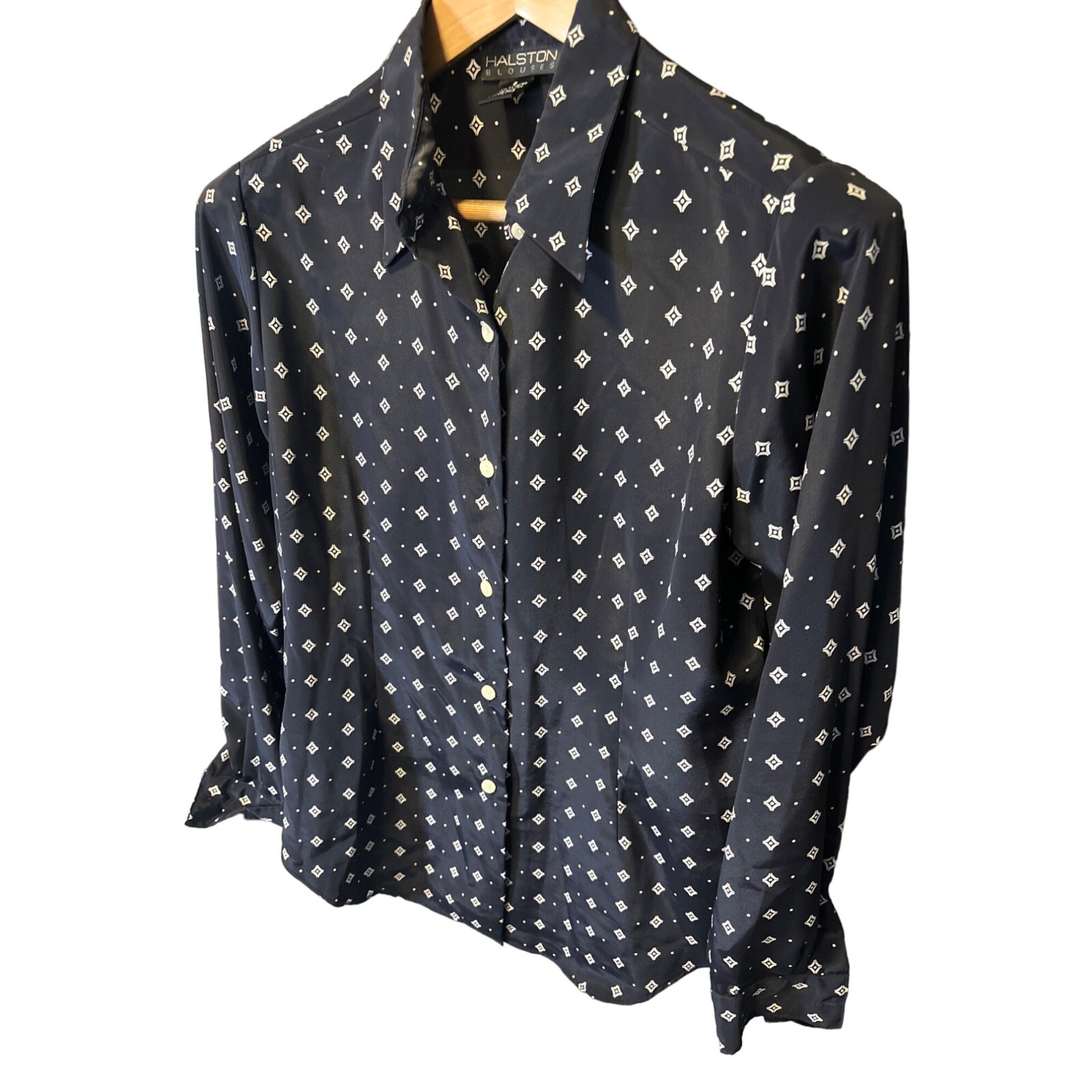 Halston Black Patterned Button Front Long Sleeve … - image 3