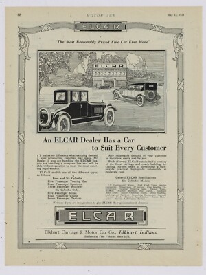 1921 Elkhart Carriage & Motor Car Co. Ad: ELCAR Since 1873, Six Cylinder Specs