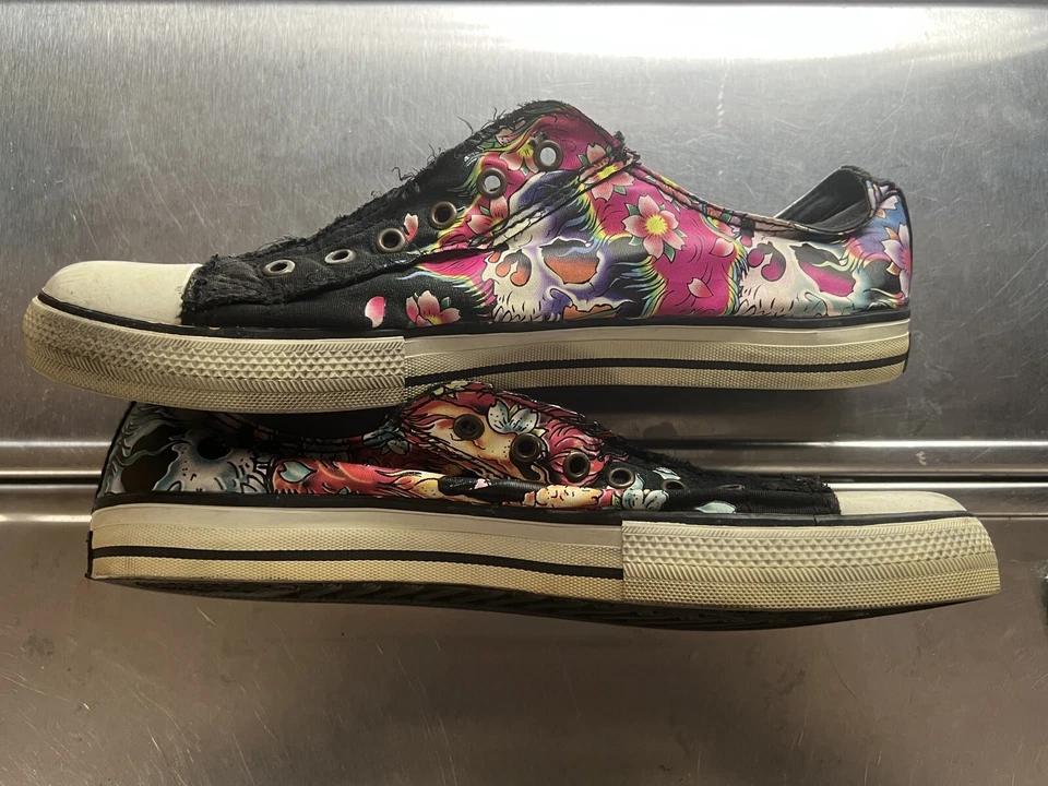 Y2K 复古 Ed Hardy 男式低帮时尚运动鞋 12 码黑色红色头骨一脚蹬 — 第 2/4 张图片