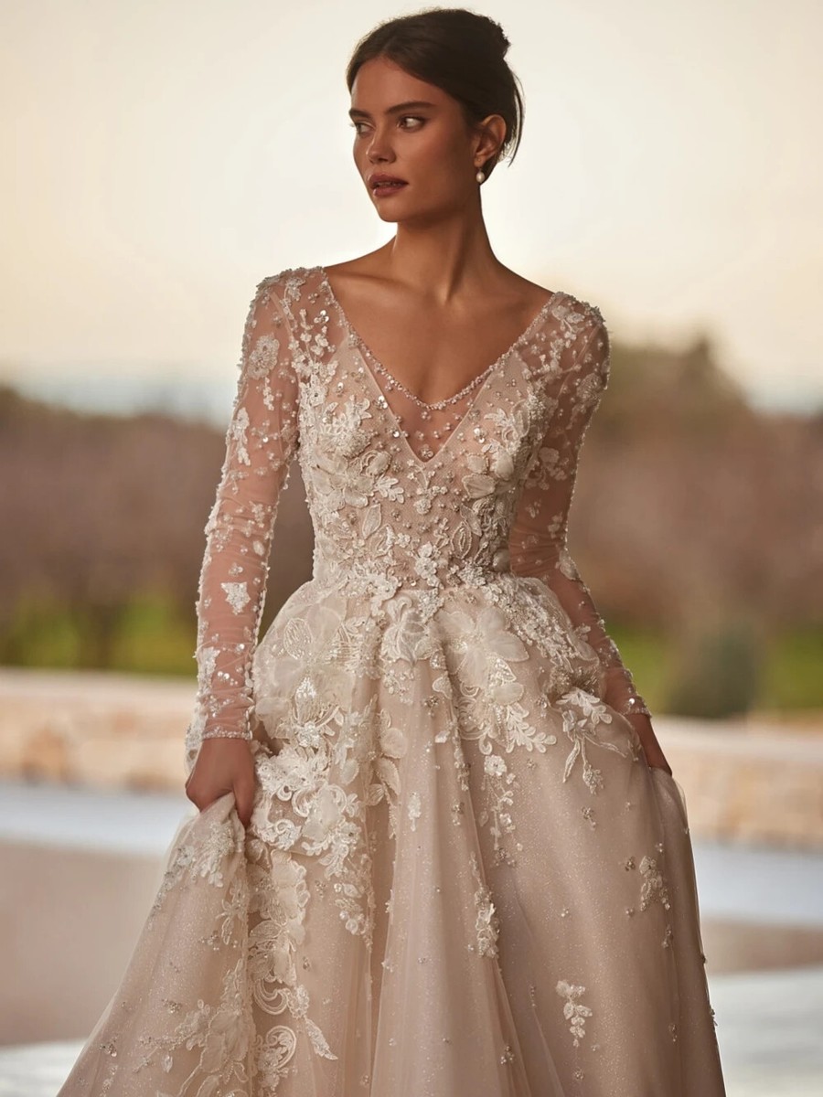 A-line Glitter Sequins Pearls Wedding Dresses Bride Graceful Appliques 3D  Flower | eBay