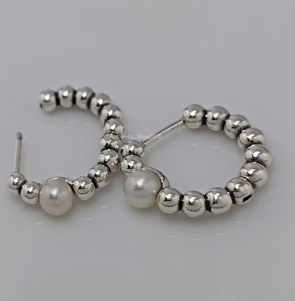 NEW 100% Authentic PANDORA 925 Cultured Pearl & Beads Hoop Earrings 293178C01 - Image 3 of 4