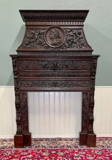 Antique French Fireplace Mantel Surround Renaissance Revival Carved Oak 19thC