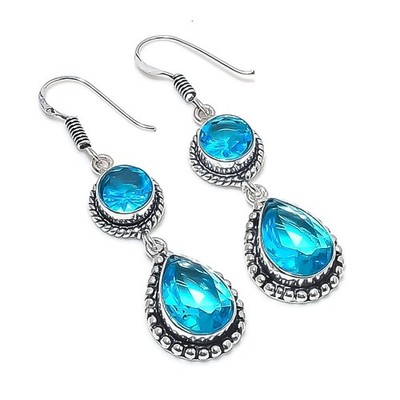 Swiss Blue Topaz Gemstone 925  Sterling Silver Jewelry Earrings Size 2'' For Gift