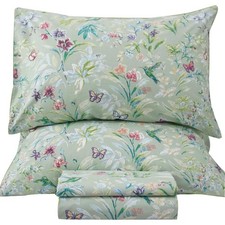 Green Floral Queen Size Sheet Sets - Green Flower Bird Butterfly Print Botanical