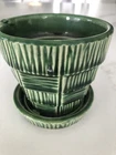 Vintage McCoy USA 3” Green Basket Weave Flower Pot, with attached Saucer