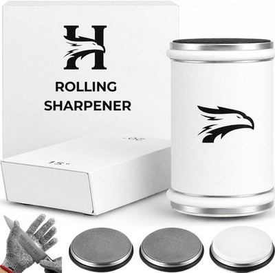Rolling Knife Sharpener Kit   3-Stage 400/1000/3000 Grit Discs   15° & 20° White