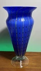 Vintage 1980s Post Modern Murano Style Art Glass Dotted Striped Cobalt Blue Vase