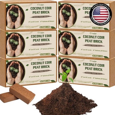 Garden Soil Coco Coir Brick 6 Pack 8x4x2 Inches Organic Coconut Husks for Plants