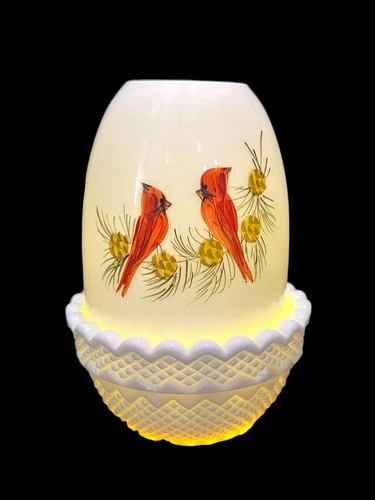 Fenton Cardinals Pine Cones  Fairy Lamp Signed V. Hendrick Pristine Never Used