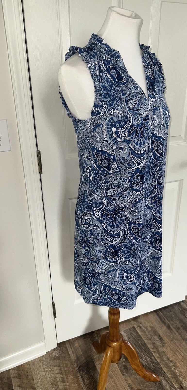 Abito MICHAEL KORS paisley scollo a V volant senza maniche floreale blu bianco piccolo nuovo con etichette