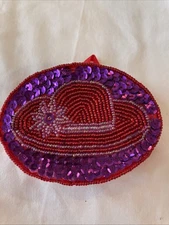 Vintage Ladies Red Hat Society Small Coin Purse Beaded Sequins in Purple and Red