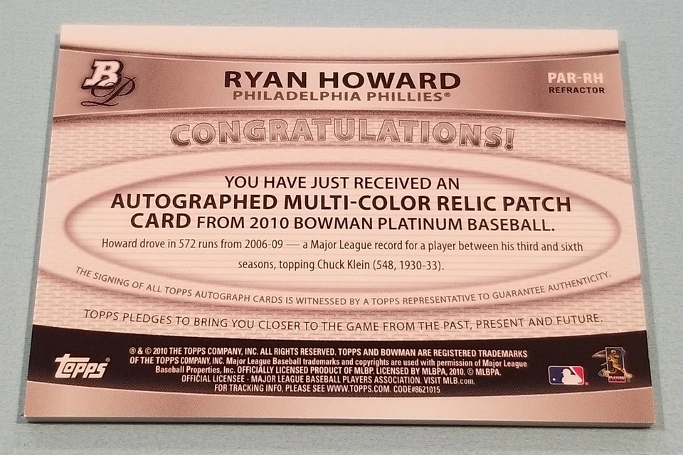 Ryan Howard Signed 2010 Topps Bowman Platinum Relic Patch Card Phillies - Image 2 of 2