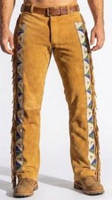 Men's Native American Buckskin Suede Leather Pants Fringes Long Bead