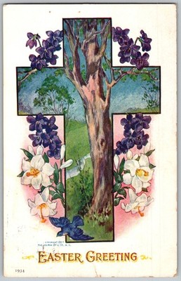 Antique Postcard Easter Cross Floral Illustration Carrollton, IL 1910s