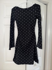 Cotton Blend Boat Neck Polka Dot Ruched Bell Sleeve Mini Dress