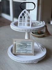Two Tiered Wooden Tray Stand 2 Tier Wood Round Decorative Tray - Farmhouse