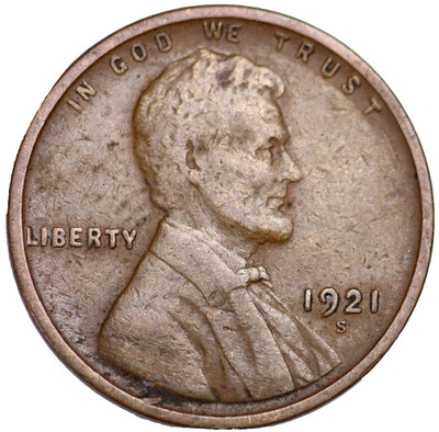1921 S Lincoln Cent Good - Very Good  (G-VG) Circulated Condition Copper Penny